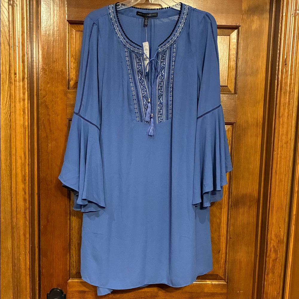 NWT Size 14 WHBM Marine Blue Boho Dress Embroidered Neckline, Bell Sleeve (ABBA)